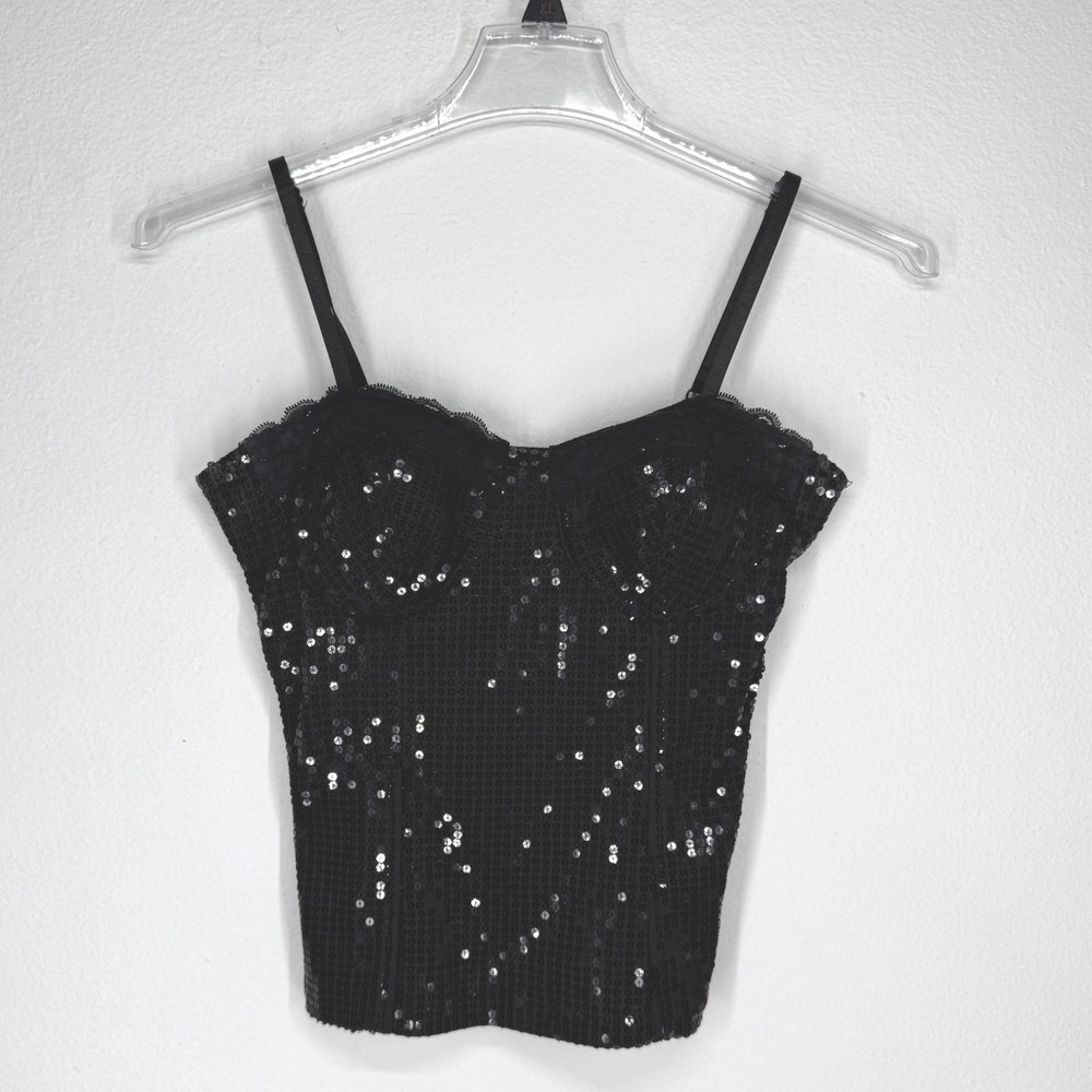 Twenty One Sequin Babydoll Corset Tank Top Lace Black Festival Bratz Cami Medium